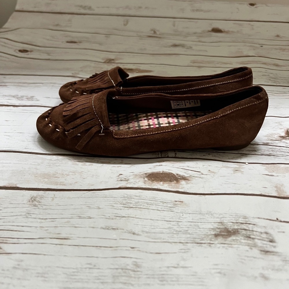 Lands'‎ End Moccasin Loafers Brown Suede Fringe Kiltie Plaid Lining 8D